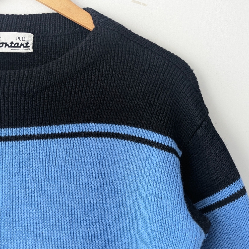 Vintage 70s Wool Ski Black and Blue Knit Sweater - Picture 7 of 12